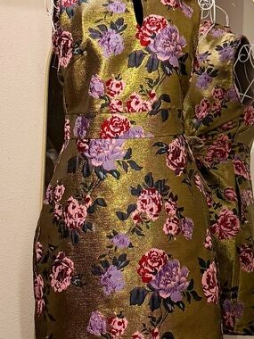 Gold Rose Jacquard Mini Dress with Pink, Purple & Red Floral Print